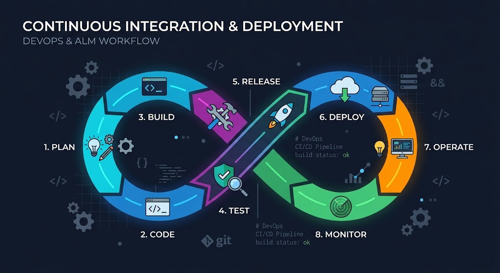 Grafik: Der DevOps-Zyklus als liegende Acht mit den acht Stationen Plan, Code, Build, Test, Release, Deploy, Operate und Monitor.