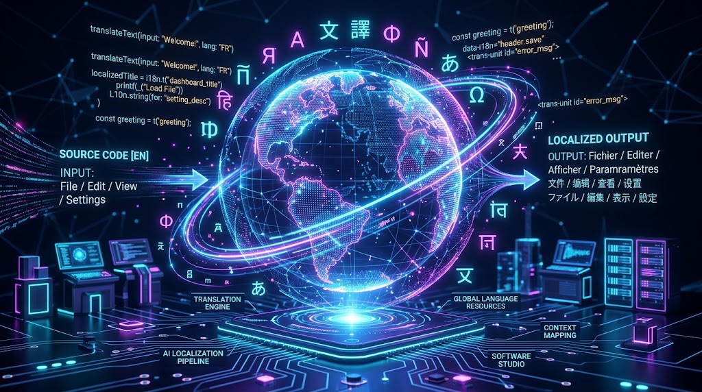 Grafik: Ein Globus mit Schriftzeichen vieler Sprachen, links Quelltexte in Englisch, rechts dieselben Texte in Französisch, Chinesisch und Japanisch.