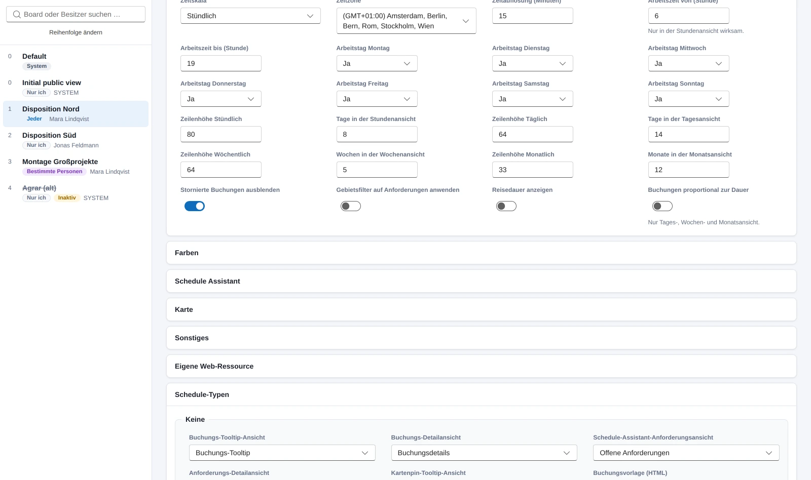 Bildschirmfoto: Links die Liste der Boards mit Position, Freigabe und Besitzer, rechts das Formular eines Boards mit den Abschnitten Allgemein, Board-Ansicht, Farben, Schedule Assistant, Karte, Sonstiges, Schedule-Typen und Anforderungsbereiche.