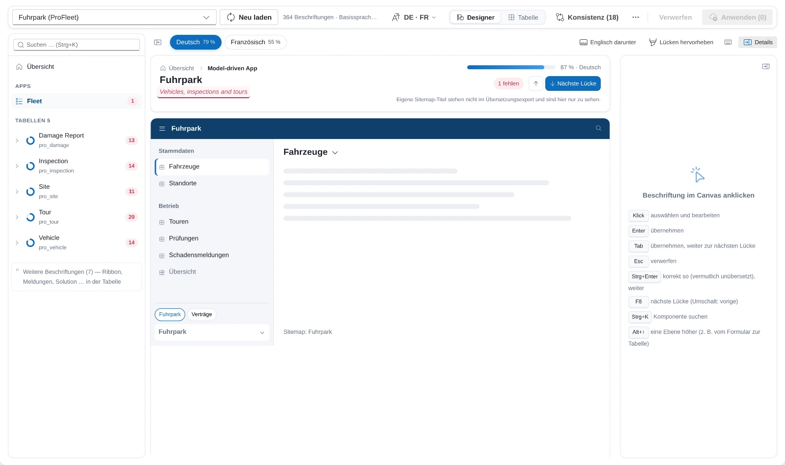 Bildschirmfoto: Eine Model-driven App im Designer, Kopfleiste mit App-Namen, Navigation mit Bereichen und Gruppen aus der Sitemap. Der Untertitel der App ist rot gestrichelt unterstrichen, darüber der Hinweis, dass eigene Sitemap-Titel nicht im Übersetzungsexport stehen.