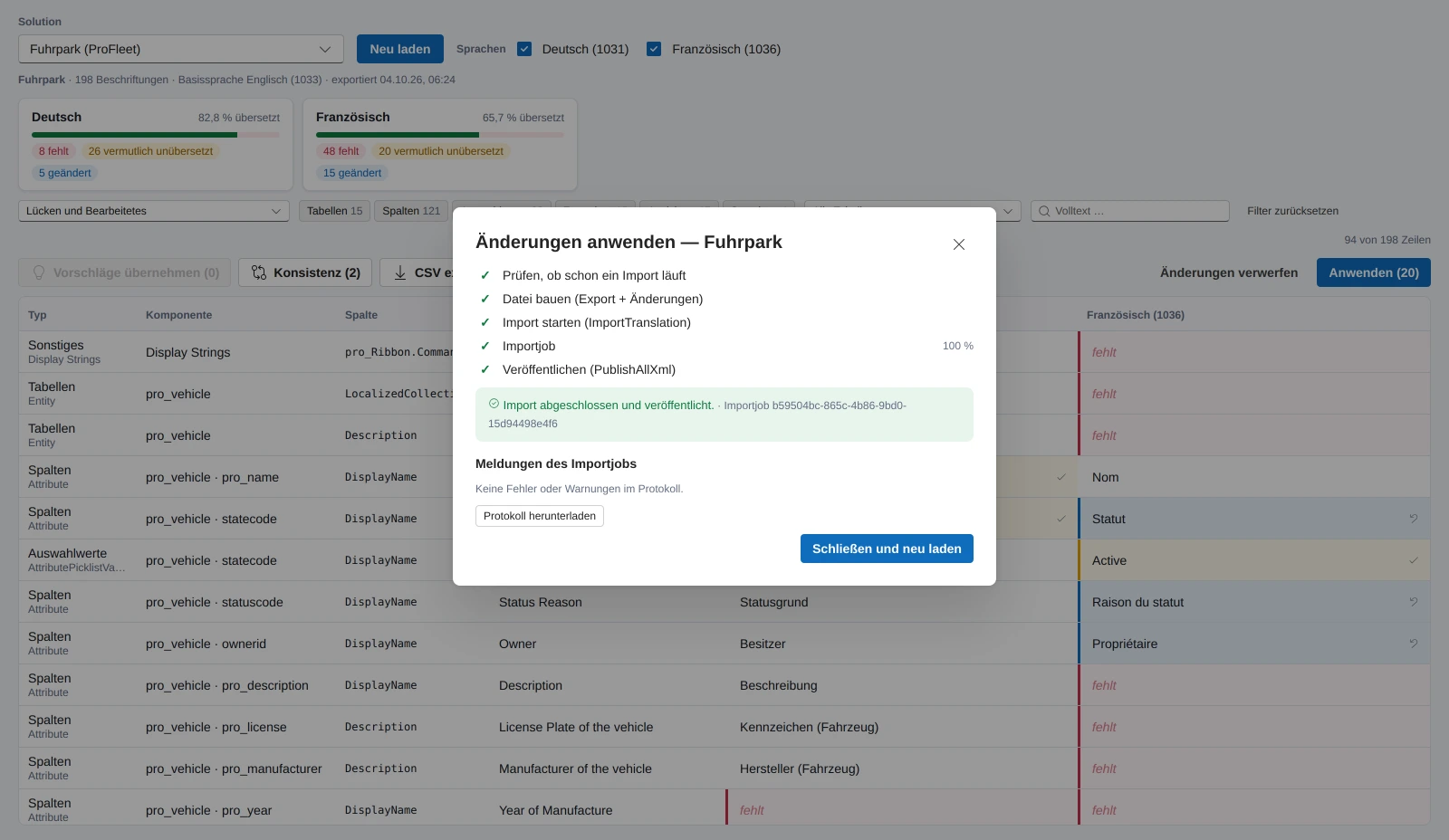 Bildschirmfoto: Der Ablauf nach dem Import: fünf abgehakte Schritte, Importjob bei 100 Prozent, Ergebnis mit Importjob-ID und Protokoll zum Herunterladen.